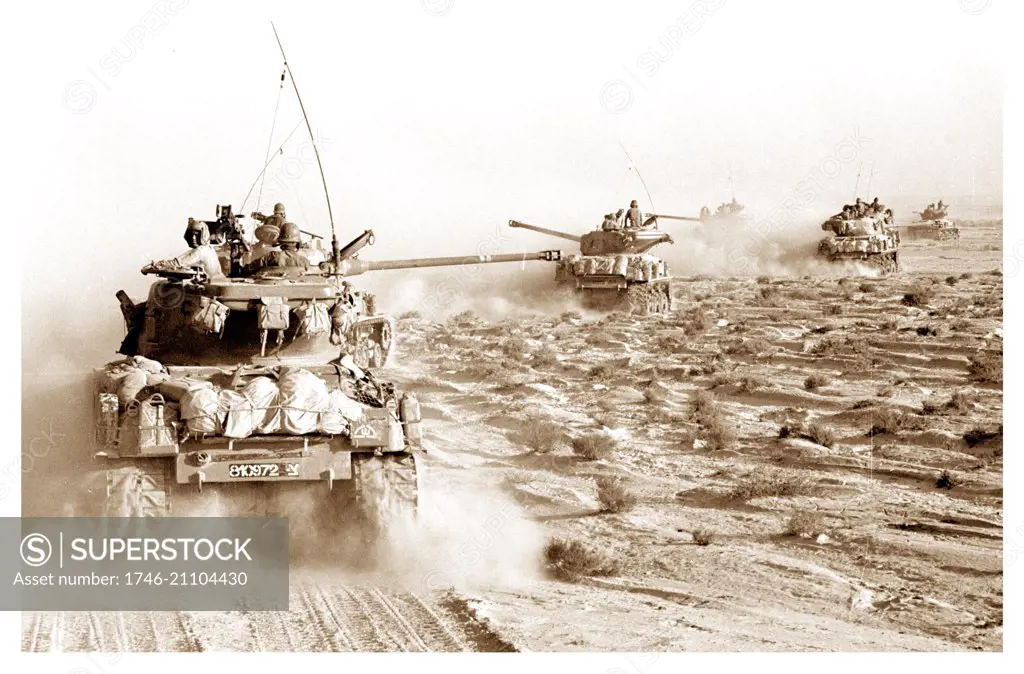 Israeli tanks speeding toward Egyptian military positions in the Sinai Peninsula during the Six Day War 1967 June 4