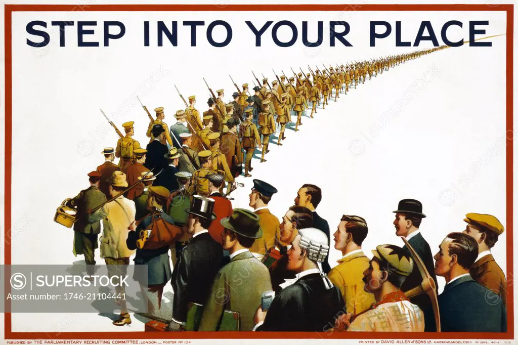 'Step Into Your Place', 1915. Recruiting poster, unknown artist, World War One, 1915. A column of civilians from different professions and trades merge into a line of soldiers going to war