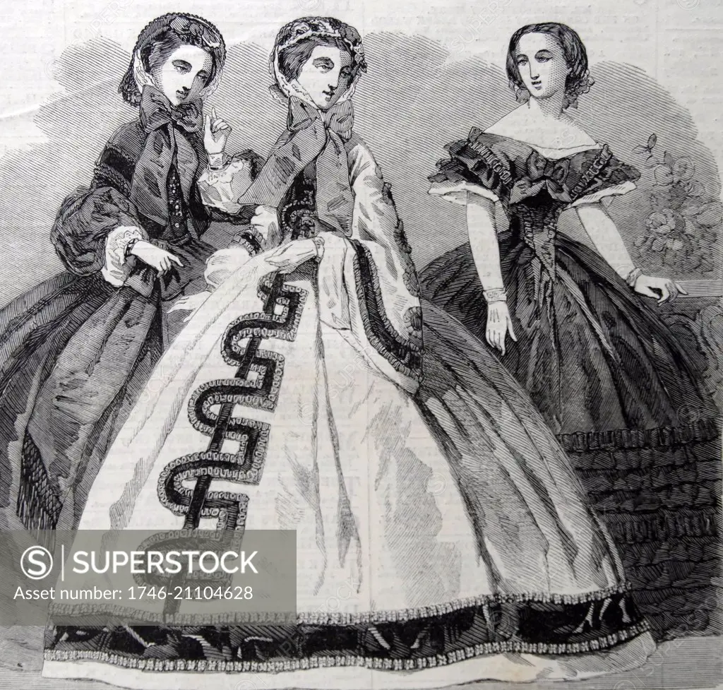 Engraving depicting the Paris Fashion for December. Left to right: Visiting Dress, Walking Dress, Evening Dress. Dated 1860