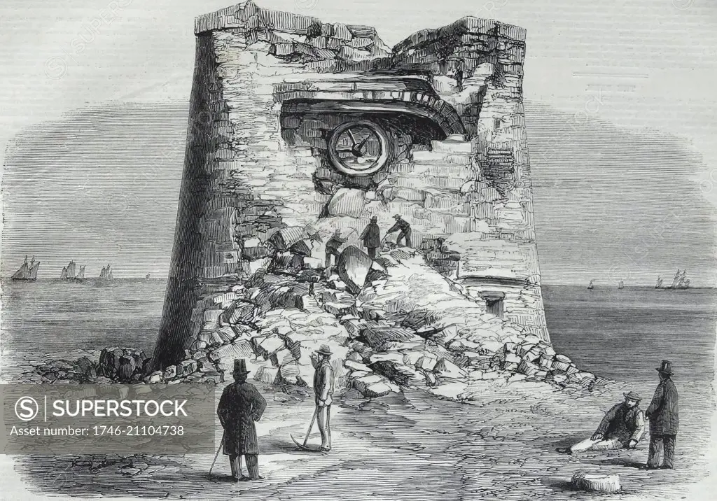 Engraving depicting the destruction of Martello Tower by Sir W. Armstrong's Guns. Dated 1860