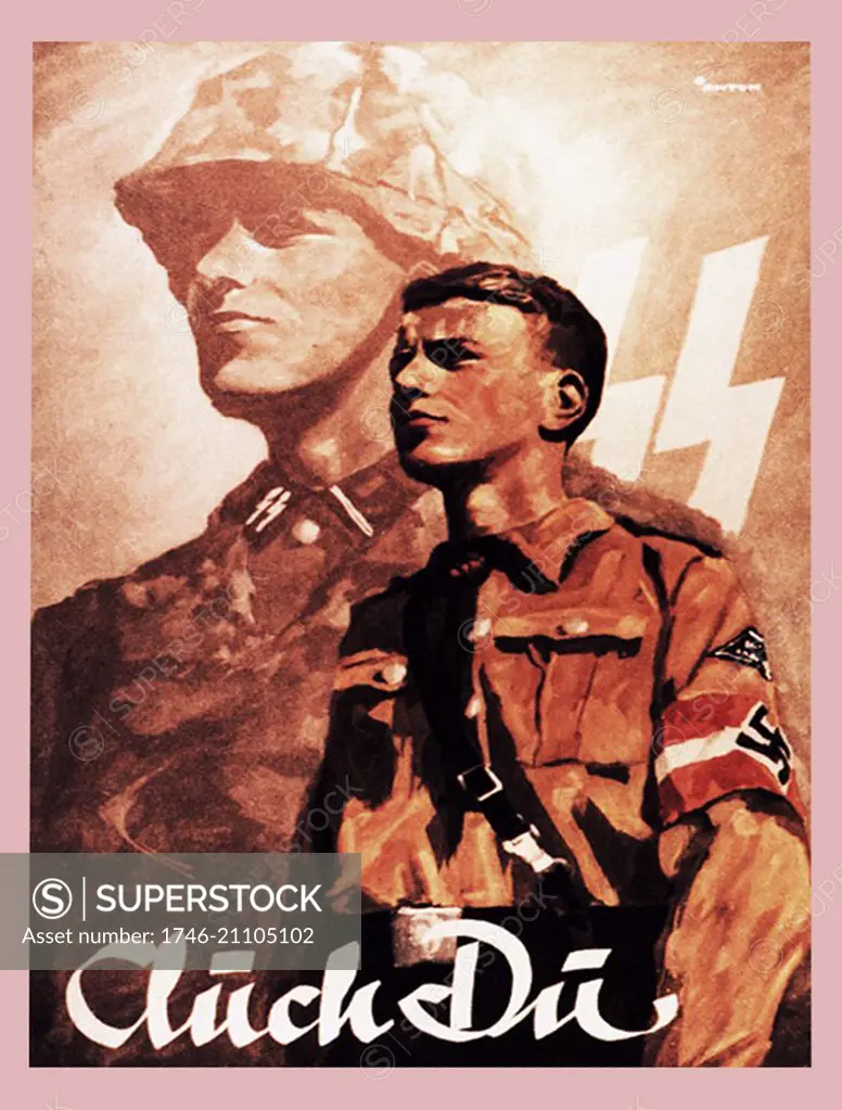 Propaganda poster: Auch Du. Waffen SS recruitment card by Ottomar Anton for the Hitler Youth