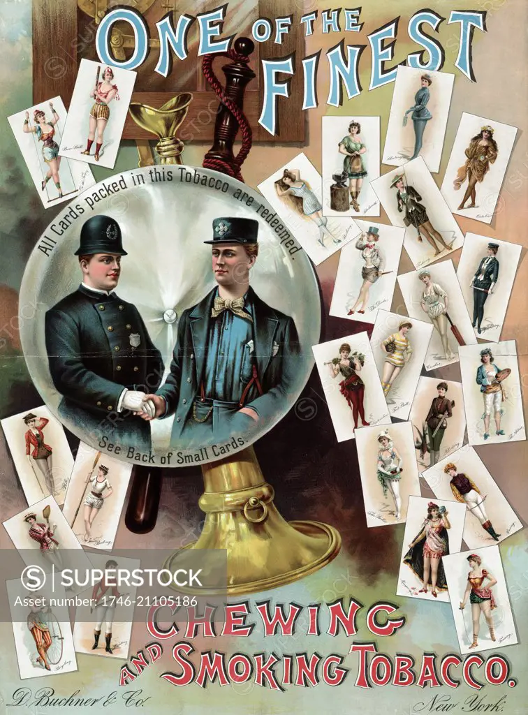 Colour poster for D. Buchner & Co. Tobacco products. Depicting a fireman shaking hands with a policeman, and premium cards depicting showgirls in costumes suggesting various sports and recreations. Dated 1890