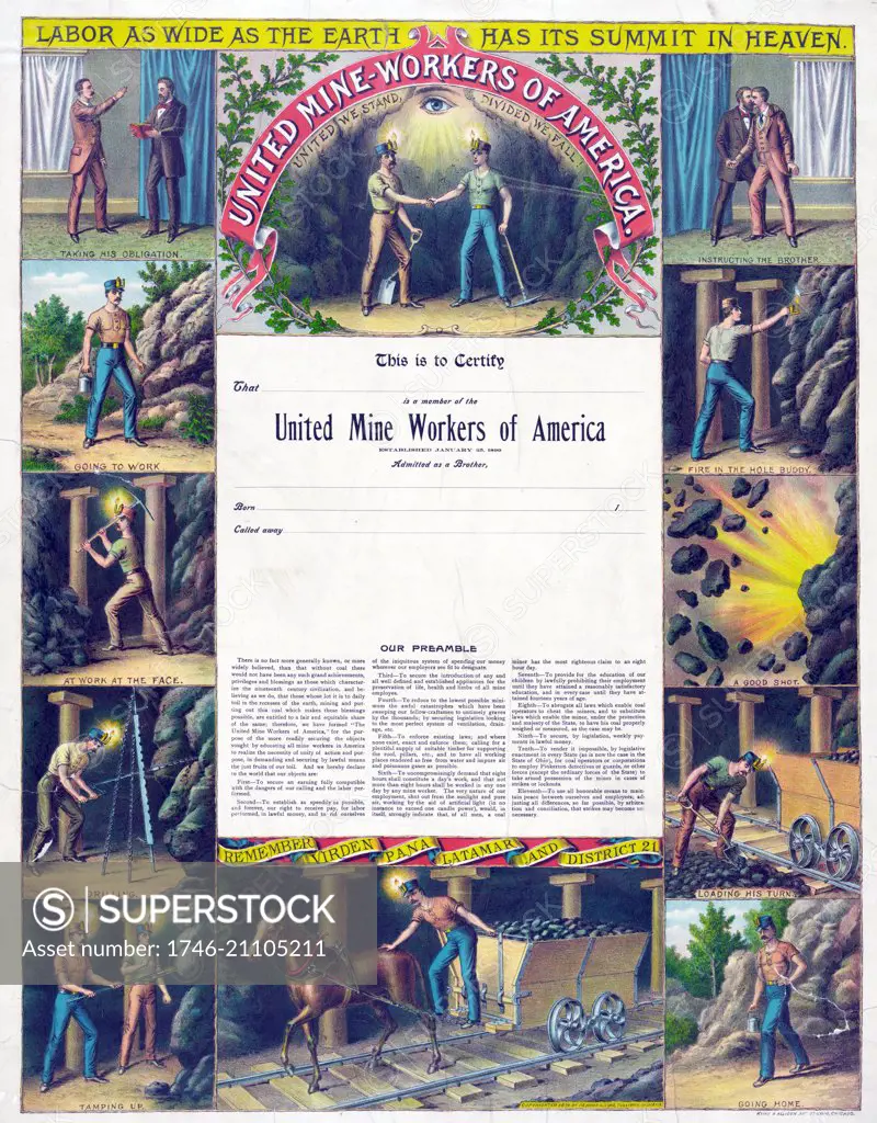 Illustrated certificate provided to members of the 'United Mine-Workers of America'. Created by Kurz and Alison Art Studio. Dated 1899