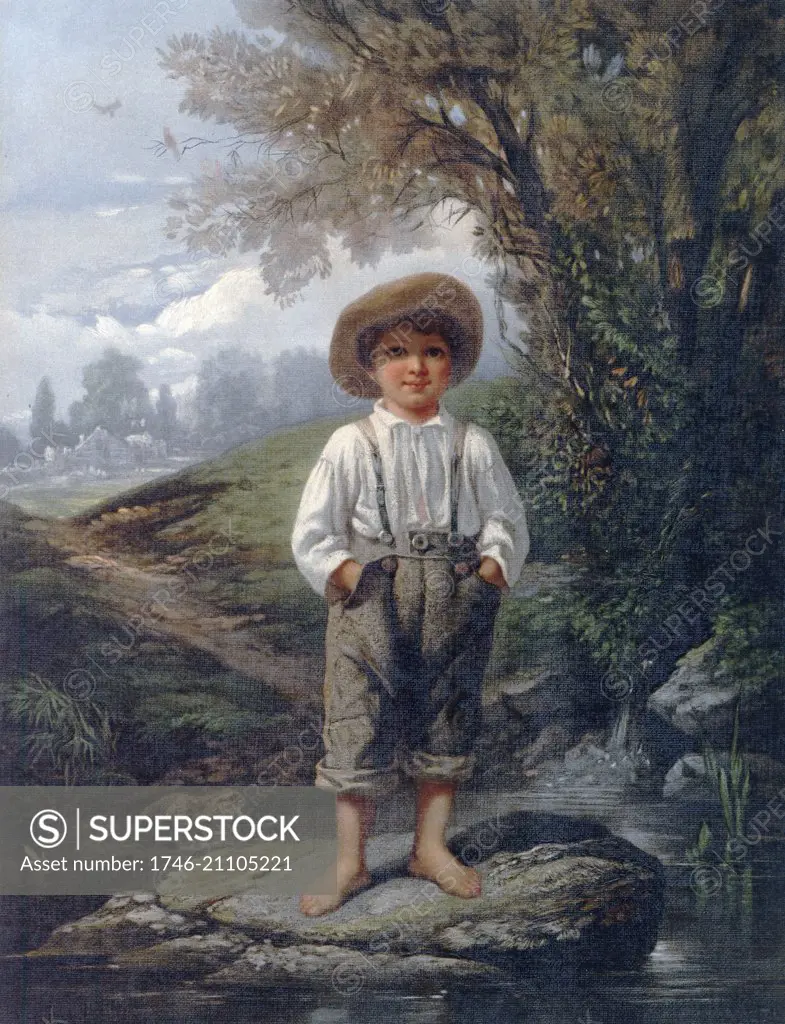 Portrait of young barefoot boy standing on a rock in a steam from the poem 'The Barefoot Boy' by John Greenleaf Whittier (1807ñ1892). Dated 1860