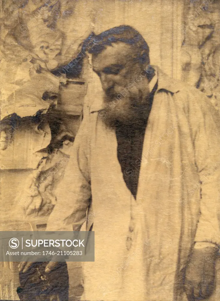 Photograph of Auguste Rodin (1840-1917) in his studio. Photograph by Gertrude Käsebier (1852-1934). Dated 1906