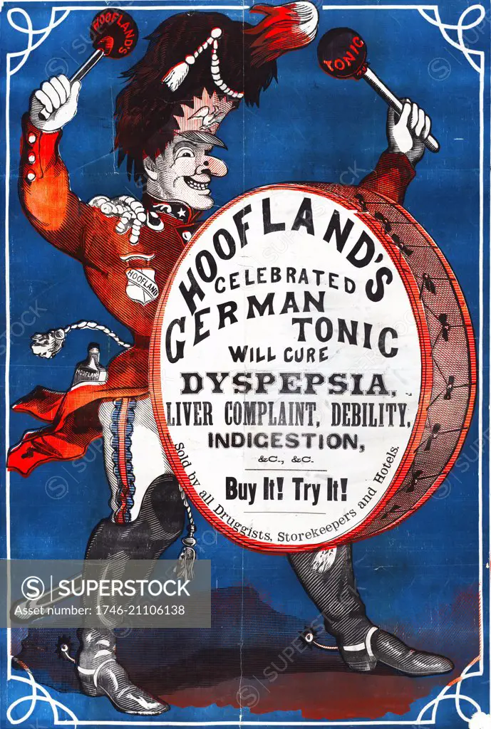 Hoofland's celebrated German tonic water will cure dyspepsia, liver complaint, debility, indigestion: Print showing a drummer in a marching band beating on a drum labeled 'Hoofland's celebrated German tonic water 1865