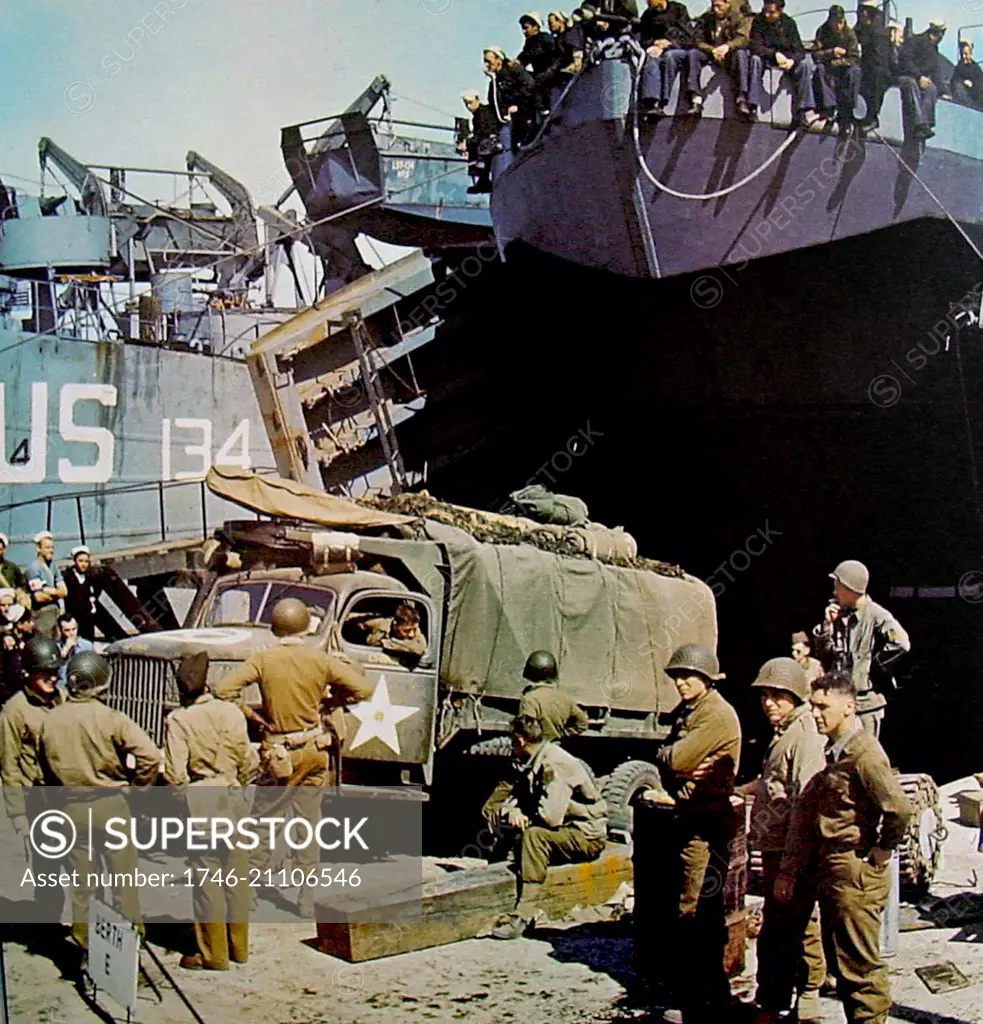 US Navy Landing craft are loaded in England just before the D Day Normandy invasion 1944