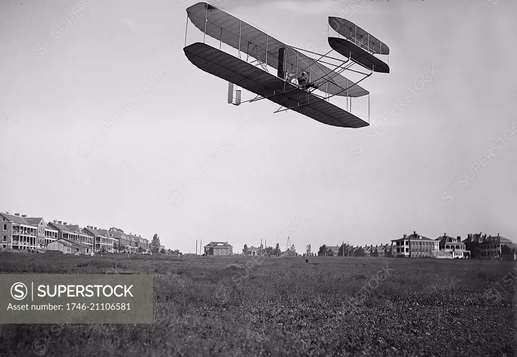 Orville Wright pilots an early aeroplane. 1905