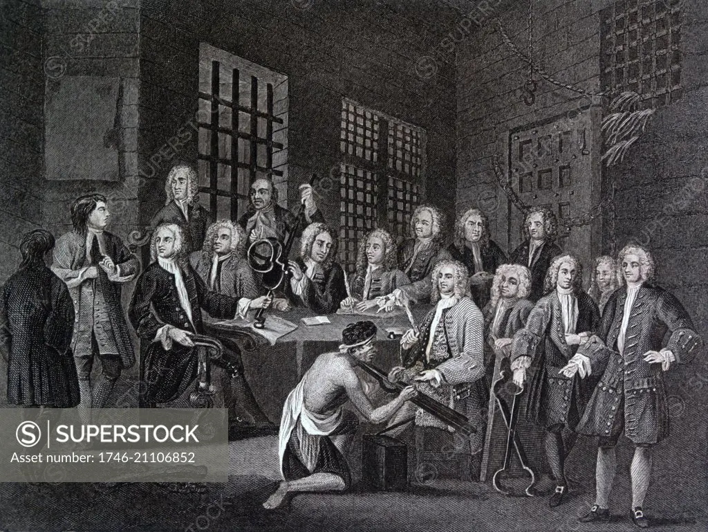 Engraving by British artist & engraver, William Hogarth 1697ñ1764: Bambridge on Trial for Murder by a Committee of the House of Commons, engraved by Thomas Cook 1803