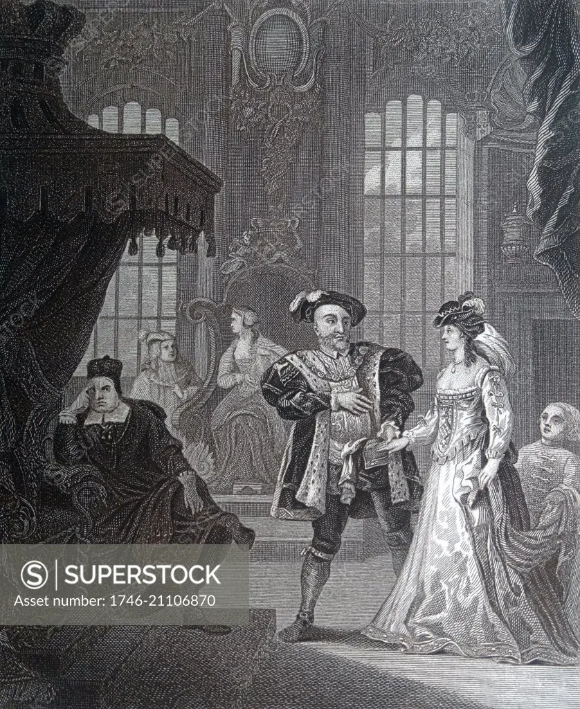 Engraving by British artist & engraver, William Hogarth 1697ñ1764: King Henry the Eighth & Anna Bullen (Anne Boleyn). Henry confesses the lady-in-waiting of his (1st) wife, Catherine of Aragon, this set back on the throne, his feelings. To the right the almighty cardinal Thomas Wolsey. Engraving by Thomas Cook (c. 1744 ñ London 1818).