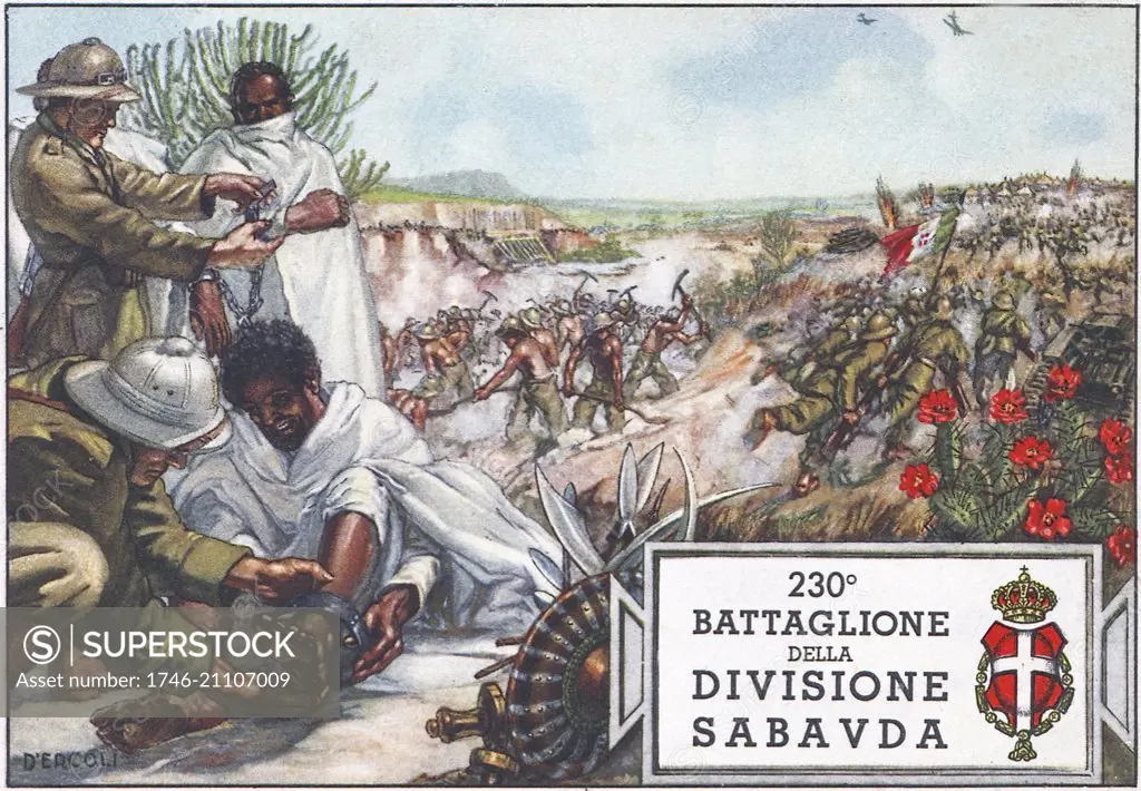 Italian propaganda postcard showing Italian soldiers invading Ethiopia 1936