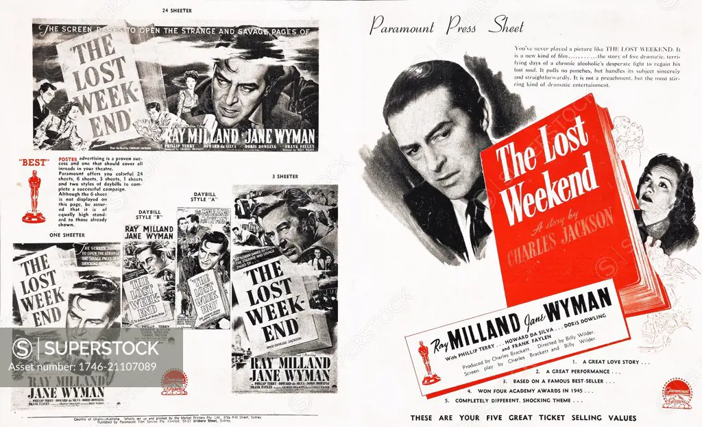 The Lost Weekend is a 1945 American drama film directed by Billy Wilder and starring Ray Milland and Jane Wyman