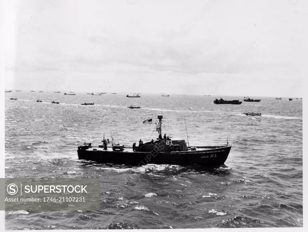 US Coast Guard off Omaha Beach on the morning of D-Day, Normandy, France during the World War two D-Day landings 1944