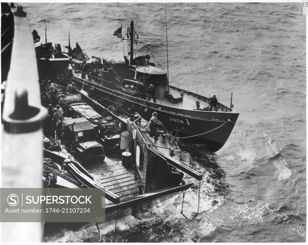 US Coast Guard off Omaha Beach on the morning of D-Day, Normandy, France during the World War two D-Day landings 1944