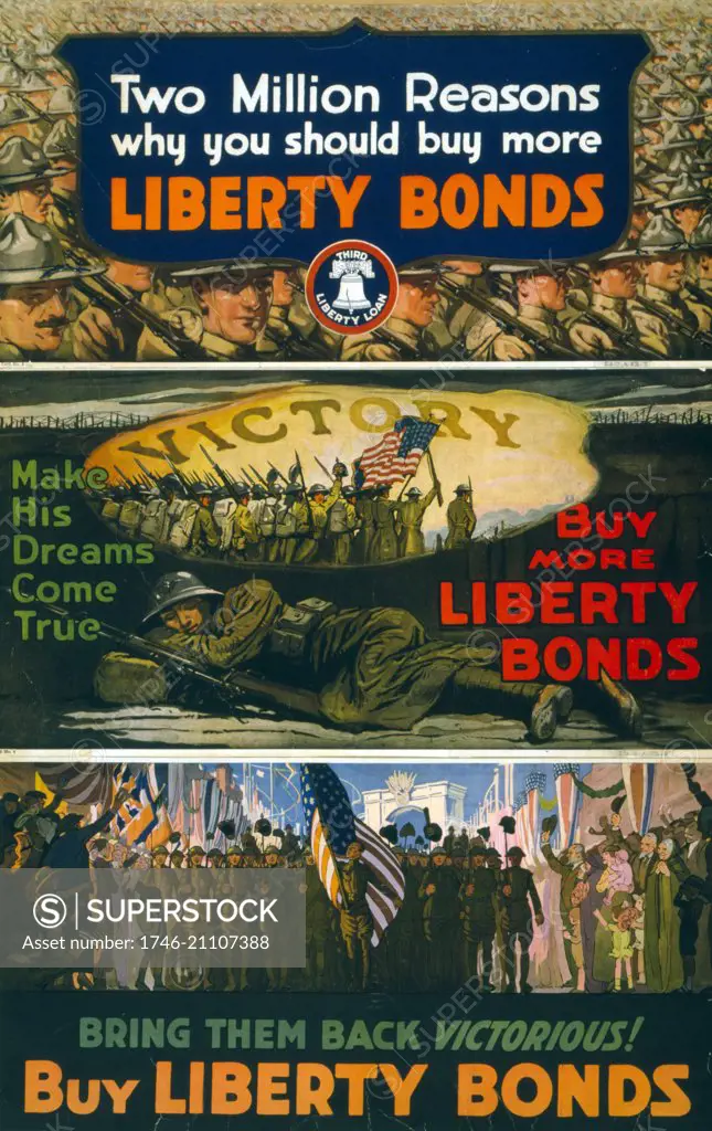 World War One Liberty Bond poster. Poster depicts soldiers marching. Dated 1918