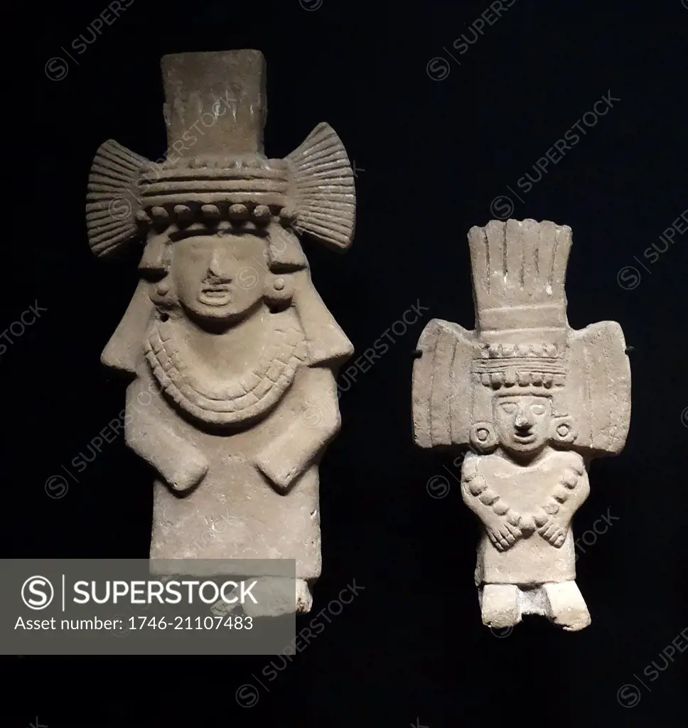 Stone figurines of Chalchiuhtlicue, Aztec Goddess of water, rivers, seas, streams, storms, and baptism. Mexico. Dated 1325 BC.