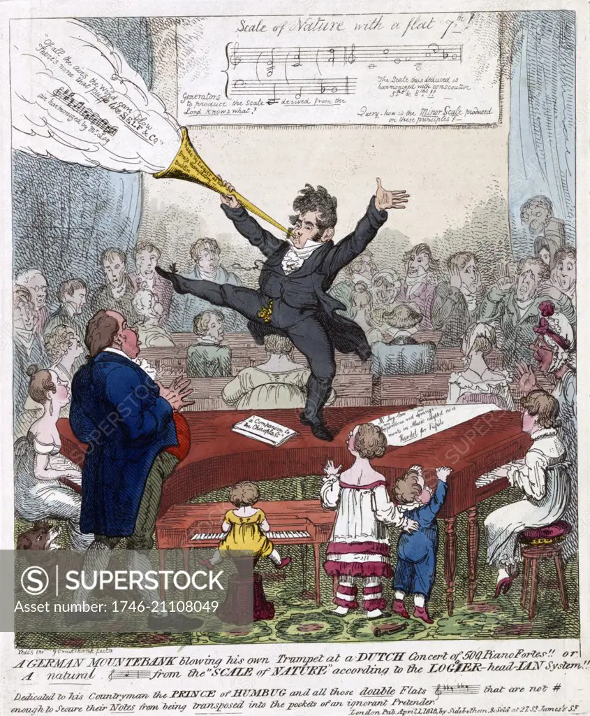 German mountebank blowing his own trumpet at a Dutch concert of 500 piano fortes. 'Logier, the music-master is delivering one of his musical lectures with demonstrations by his pupilsÖ' Artist, George Cruikshank (1792-1878), 1818.