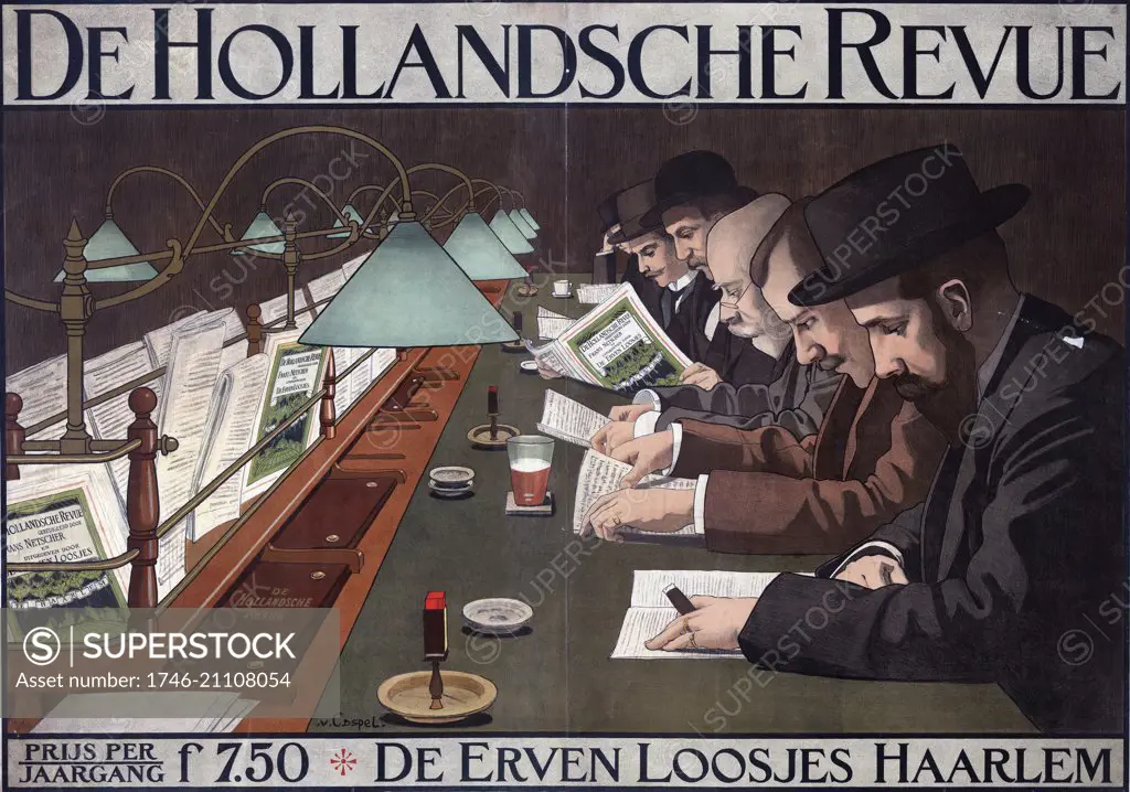 Advertisement for the Dutch journal, 'De Hollandsche Revue', showing a group of men seated at a library table reading various texts.