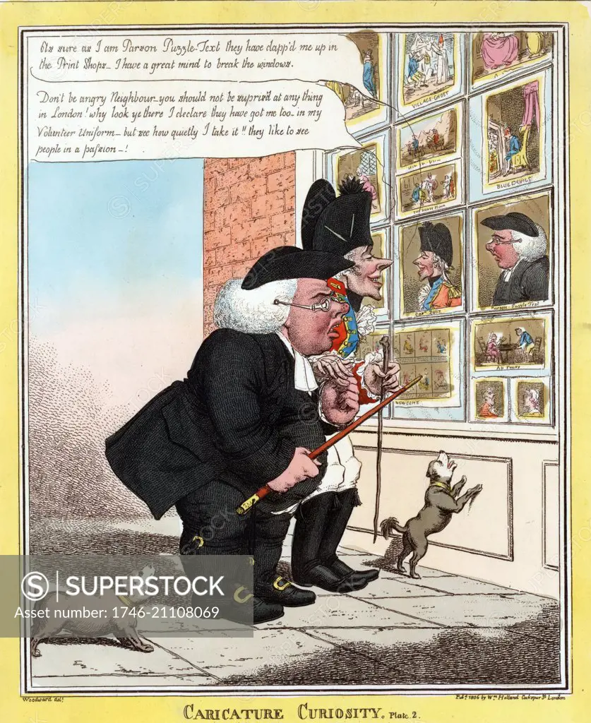 Caricature curiosity /Woodward, delt by George Moutard Woodward (1760-1809). Caricature of a porcelain clergyman and a skinny volunteer officer examining caricatures of themselves in what is probably William Holland's printing shop window. Parson Puzzletest is furious but his companion, Captain Ruiz, reacts with good humour. 1806.