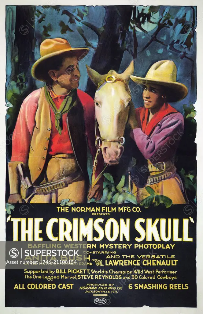 The Crimson Skull. 1921. Motion picture poster showing a man (Lawrence Chennault) and a woman (Anita Bush) in Western garb with a horse standing between them.