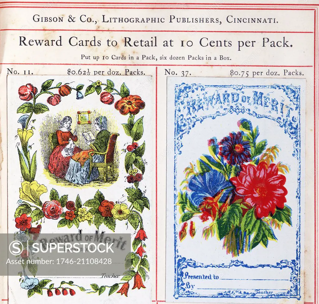 Highly coloured educational 'Reward Cards' for American children who have achieved high levels in school during the early 20th Century. Dated 1905