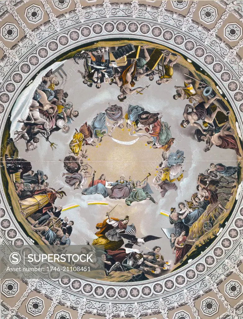 Photolithograph of the Fresco 'Apotheosis of Washington', in the dome of U.S. Capitol Building. By Constantino Brumidi (1805-1880) Italian-American historical painter. Dated 1890