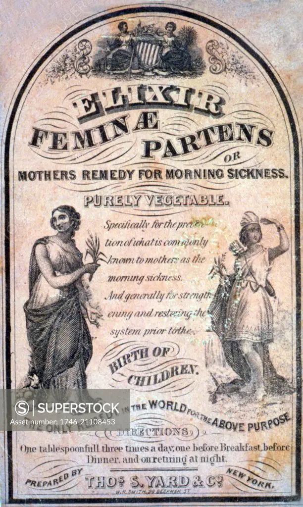 Patent medicine label for Mother's remedy for morning sickness by Thos S. Yard & Co. Dated 1852