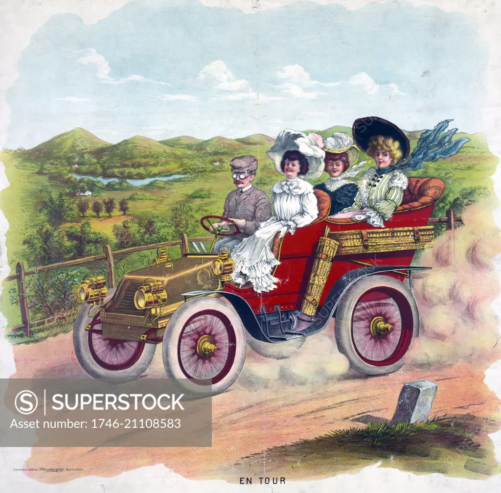 Three women and a man riding an automobile in the country, 1904.