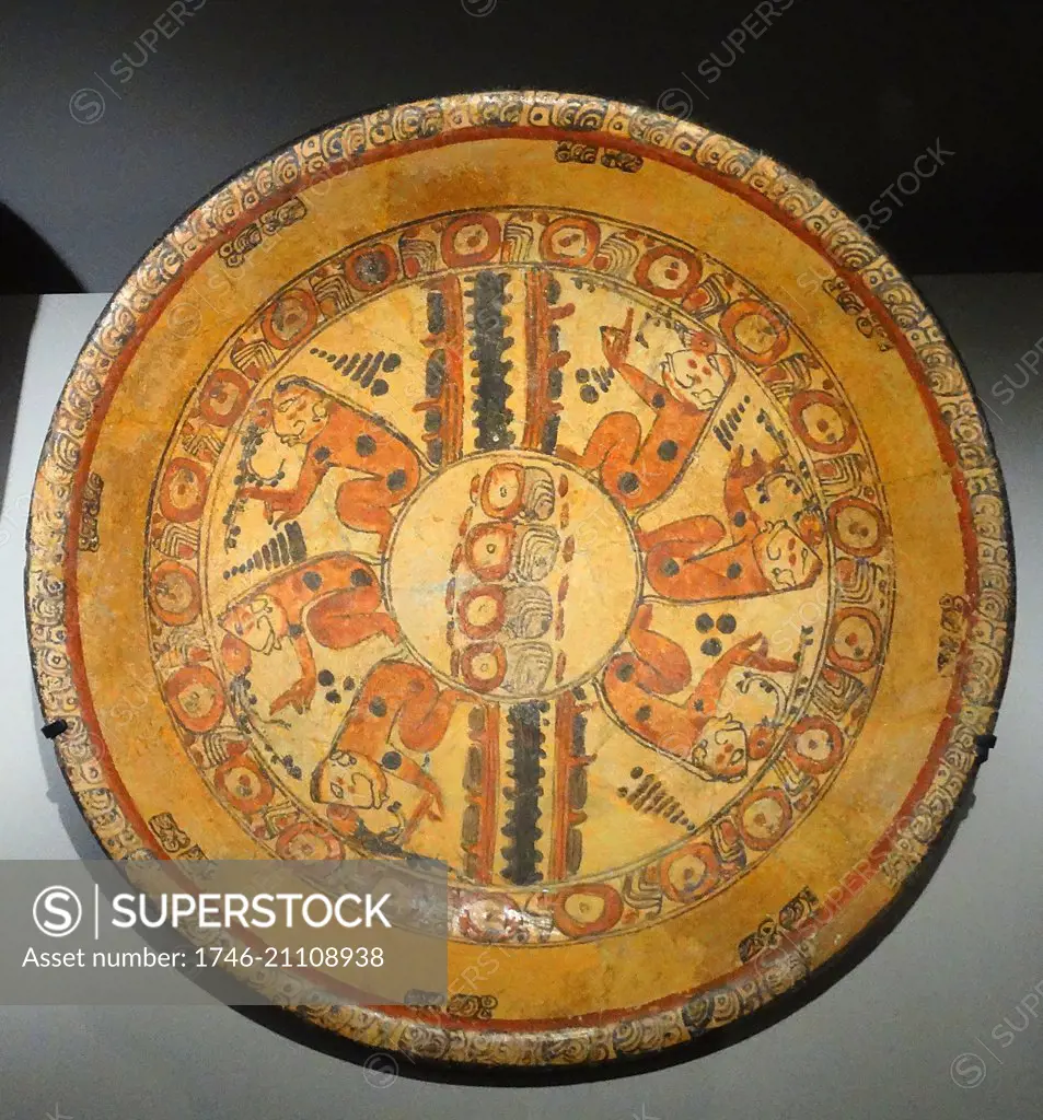 Mayan polychrome ceramic plate representing a group of seated figures; Mexico 600-900 AD