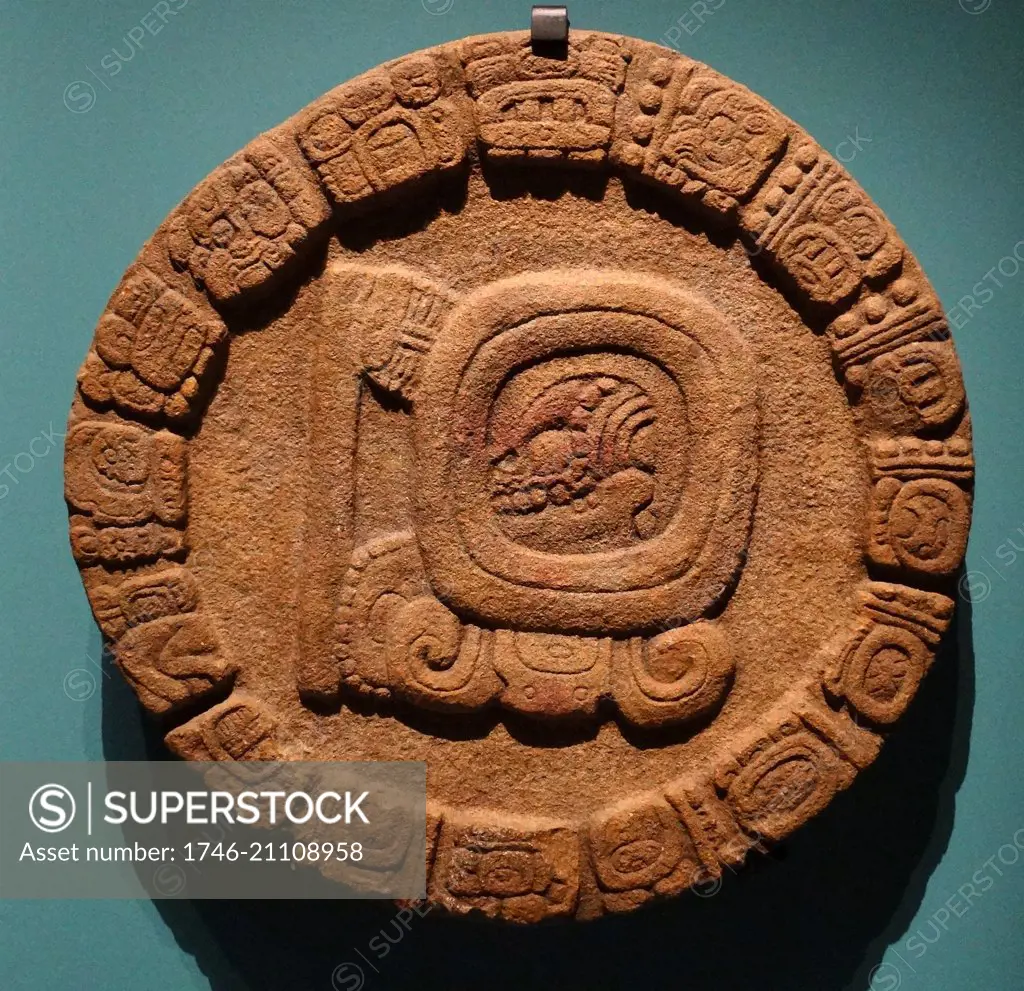 Mayan stone disk monument from Tonina, s a pre-Columbian archaeological site and ruined city of the Maya civilization. located in what is now the Mexican state of Chiapas, 600-900 BC