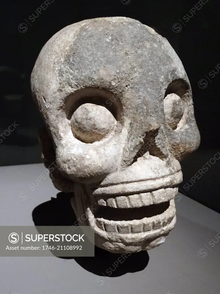 Mayan fleshless head or skull, representing the god of death. From Uxmal, Yucatan, Mexico 600-900 AD