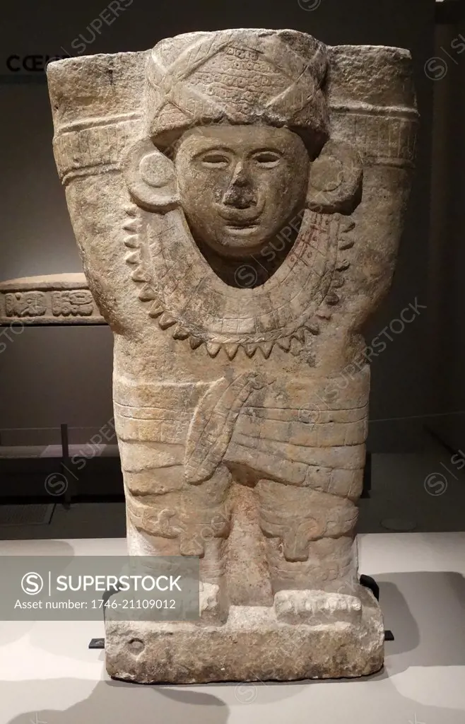 Mayan Atlante (Caryatid figure) from Chichen Itza, limestone, ancient post-classic era (900 - 1250 CE),