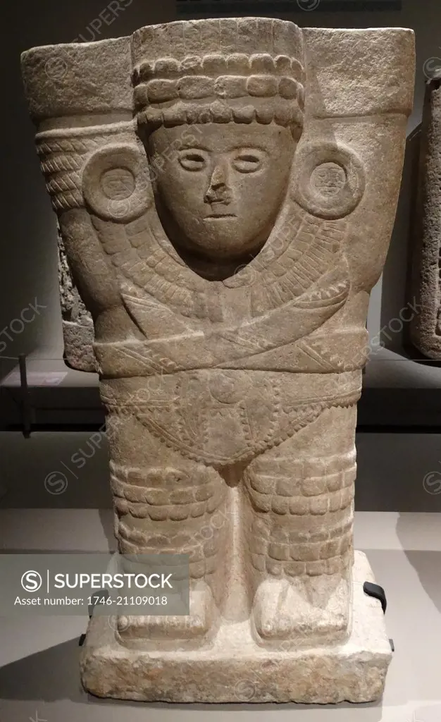 Mayan Atlante (Caryatid figure) from Chichen Itza, limestone, ancient post-classic era (900 - 1250 CE),