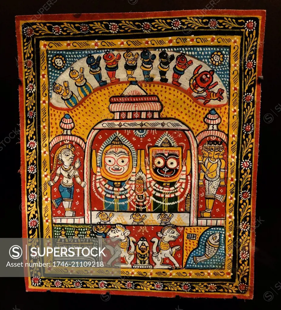 Painted cotton 'The child Krishna' Orissa, India, mid twentieth century. Krishna is seen as a child talking with Jagannatha a lord of the worlds in Hindu mythology