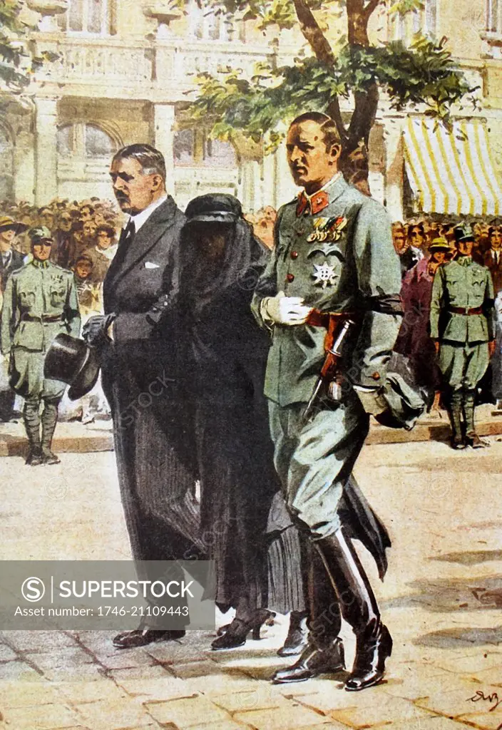 Alwine Dollfuss (nÈe Glienke) (1897ñ1973), Widow of the Austrian Chancellor is escorted by Kurt Alois Schuschnigg (left), following the assassination of his predecessor, Engelbert Dollfuss, in July 1934