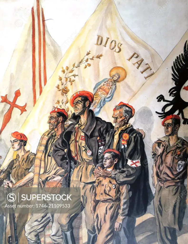 Carlist propaganda illustration of militia with flag saying; God and fatherland. Carlism is a political movement in Spain seeking the establishment of a separate line of the Bourbon dynasty on the Spanish throne. After the October 1934 Revolution, which cost the life of the Carlist deputy Marcelino Oreja ElÛsegui, Carlism started to prepare for an armed clash with the revolutionaries. During the Spanish Civil War (1936ñ1939) the Carlists were on the side of the Nationalist rebels.