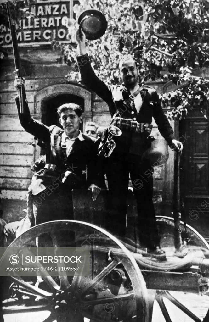 Republican anarchist militia fighters on the streets of Barcelona during the early days of the Spanish Civil War 1936