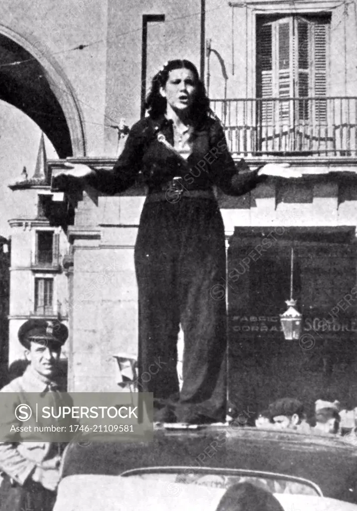 Spanish Civil War Republican militia female guard addressing a crowd in Madrid 1936