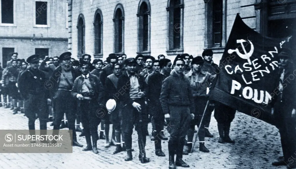 POUM militia guards the Headquarters of the POUM in Barcelona 1936. In the background stands British writer George Orwell. The Workers' Party of Marxist Unification (Spanish: Partido Obrero de Unificación Marxista, POUM; Catalan: Partit Obrer d'Unificació Marxista) was a Spanish communist political party formed during the Second Republic and mainly active around the Spanish Civil War.