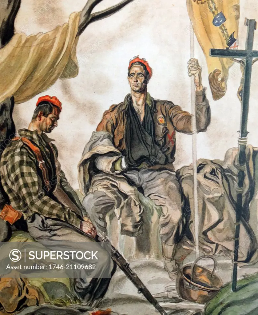 Two Carlist soldiers illustration by the Nationalist Spanish civil war artist, Carlos Sáenz de Tejada