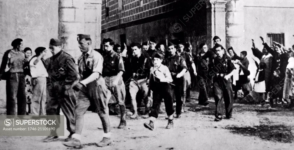 Falange militia leaves for Arlanzon area near Burgos, Spain, during the Spanish Civil War.