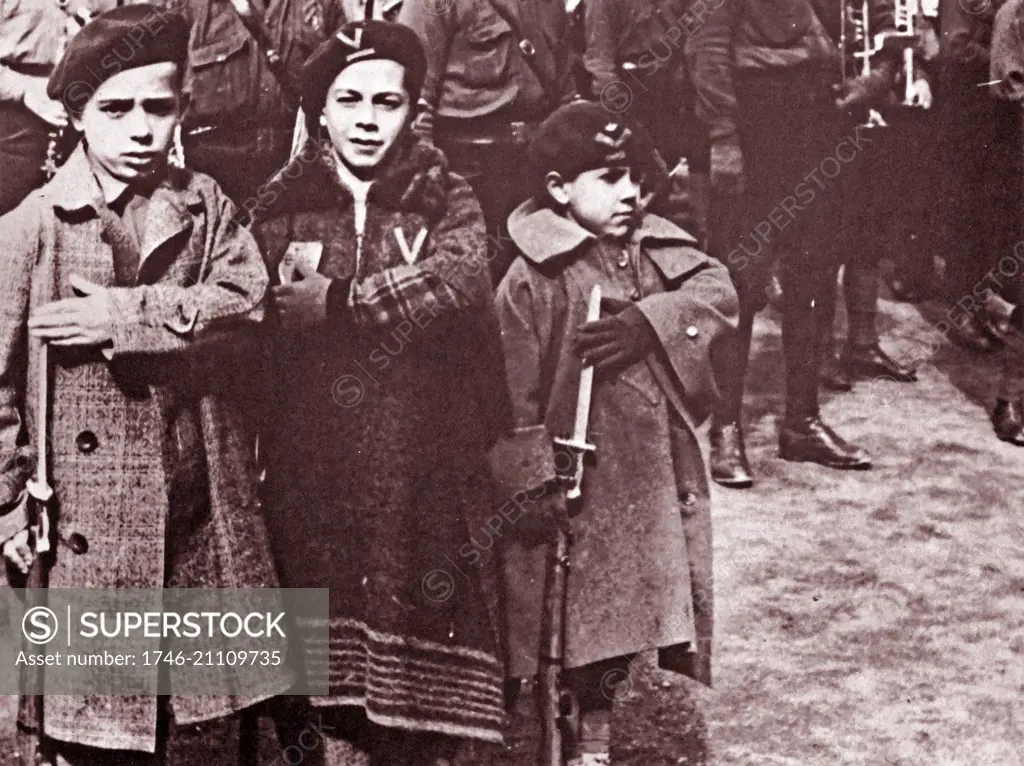 Young boys dressed as Falangist militia, during the Spanish Civil War.