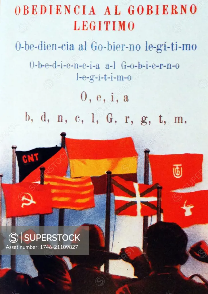 Saluting the flags of the popular front. Propaganda for the republican government of Spain, during the Spanish Civil War