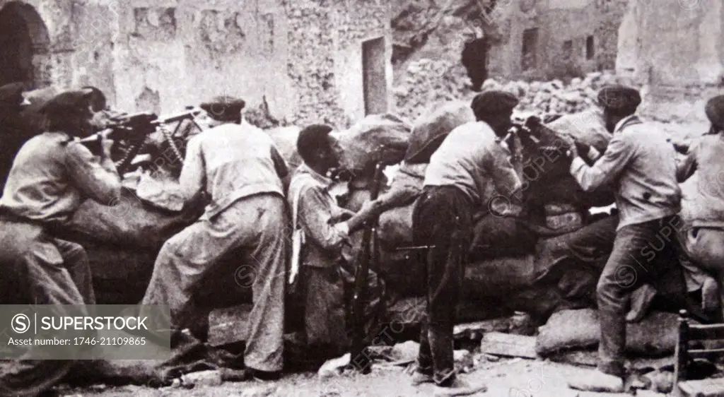 Workers at a barricade in Barcelona, 1936.during the Spanish Civil War