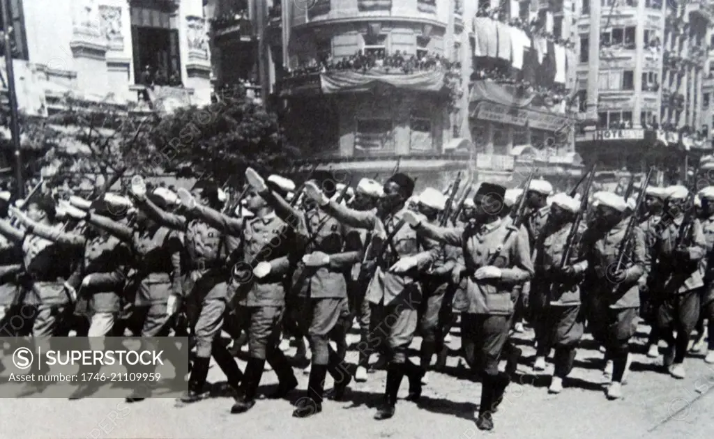 Troops; army; soldiers; nationalist; colonial; Arab; Spanish; Morocco; march; Madrid; Spanish Civil War; defeat; victory