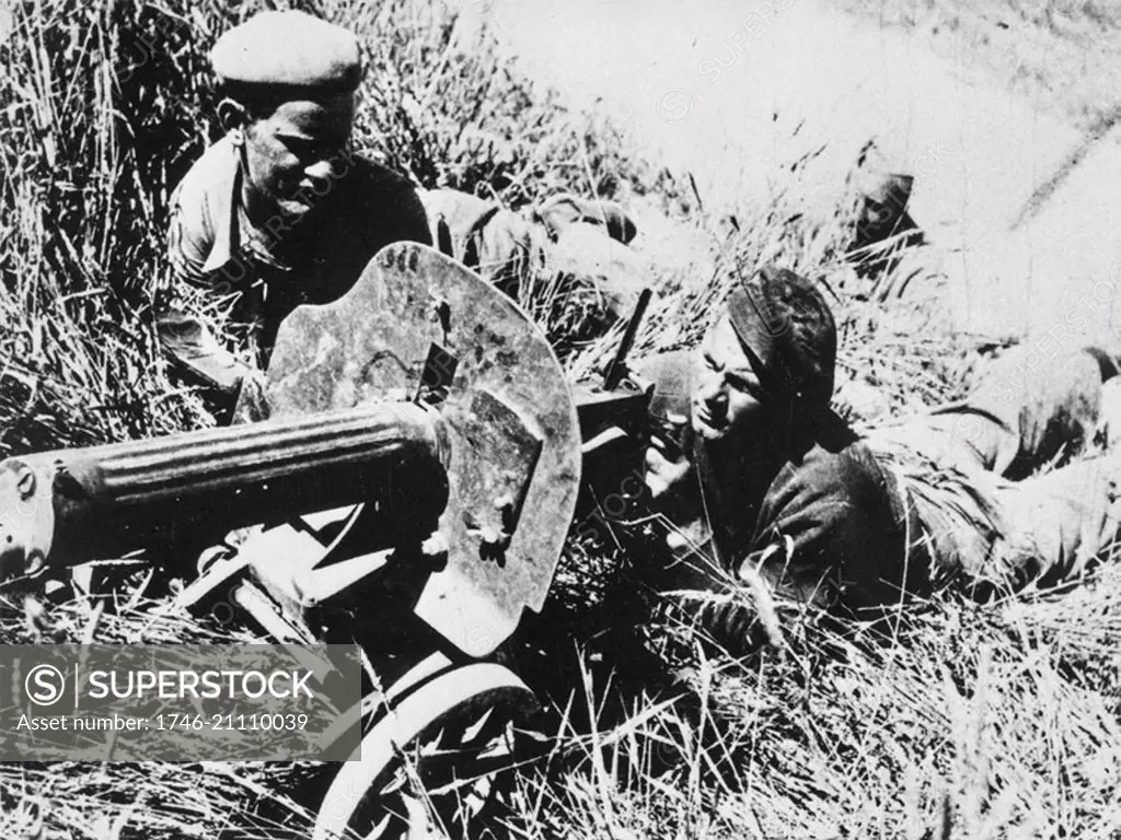 International brigade soldiers with a Soviet Russian machine gun, during the Spanish Civil War