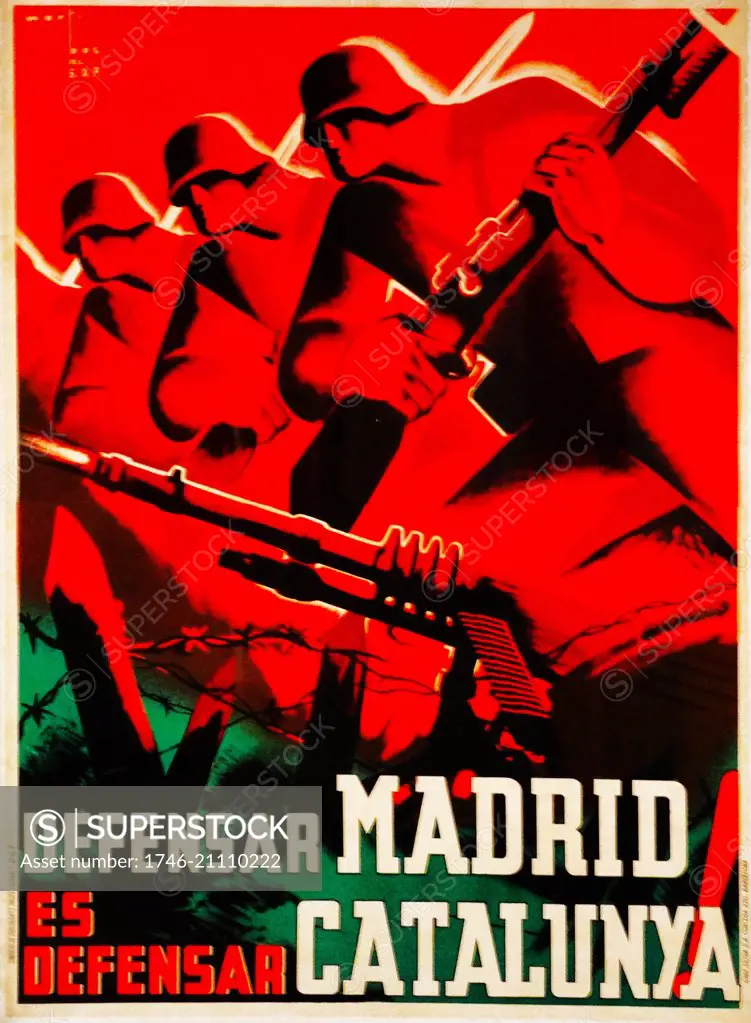 Defensar Madrid es Defensar Catalunya!; To defend Madrid is to defend Catalonia. Spanish Civil War propaganda poster by Marti Bas, born 1910 - died 1966 (artist). Martí Bas belonged to the SDP (Syndicate of Professional Designers), a pro-Republican group of graphic designers