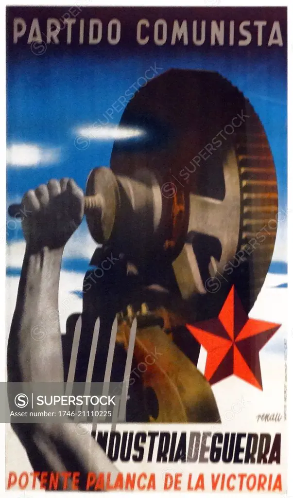 Spanish Civil War poster by Josep Renau 1907-1982 'Partido Comunista. Industria de Guerra' ( 'War Industry, a Powerful Lever of victory'), 1937.