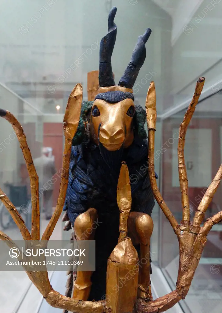 statuette of a Ram in a Thicket. inlaid wood, silver, shell, limestone, lapis lazuli and gold. Early Dynastic III. Ur. Found at the Royal Cemetery, Ur, Iraq. dated to 2600BC