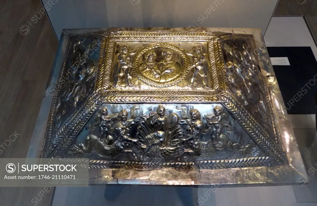 The Projecta Casket. Roman 380 AD silver casket, inscribed ëSecundus and Projecta, Uve in Christí in Latin, was probably a wedding gift to the couple shown on the top. On the front, the bride adoms herself while handmaids bring caskets of cosmetics.